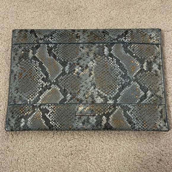 NWOB Rebecca Minkoff Leo Snakeskin-Embossed
Leather Envelope Clutch - Cement
